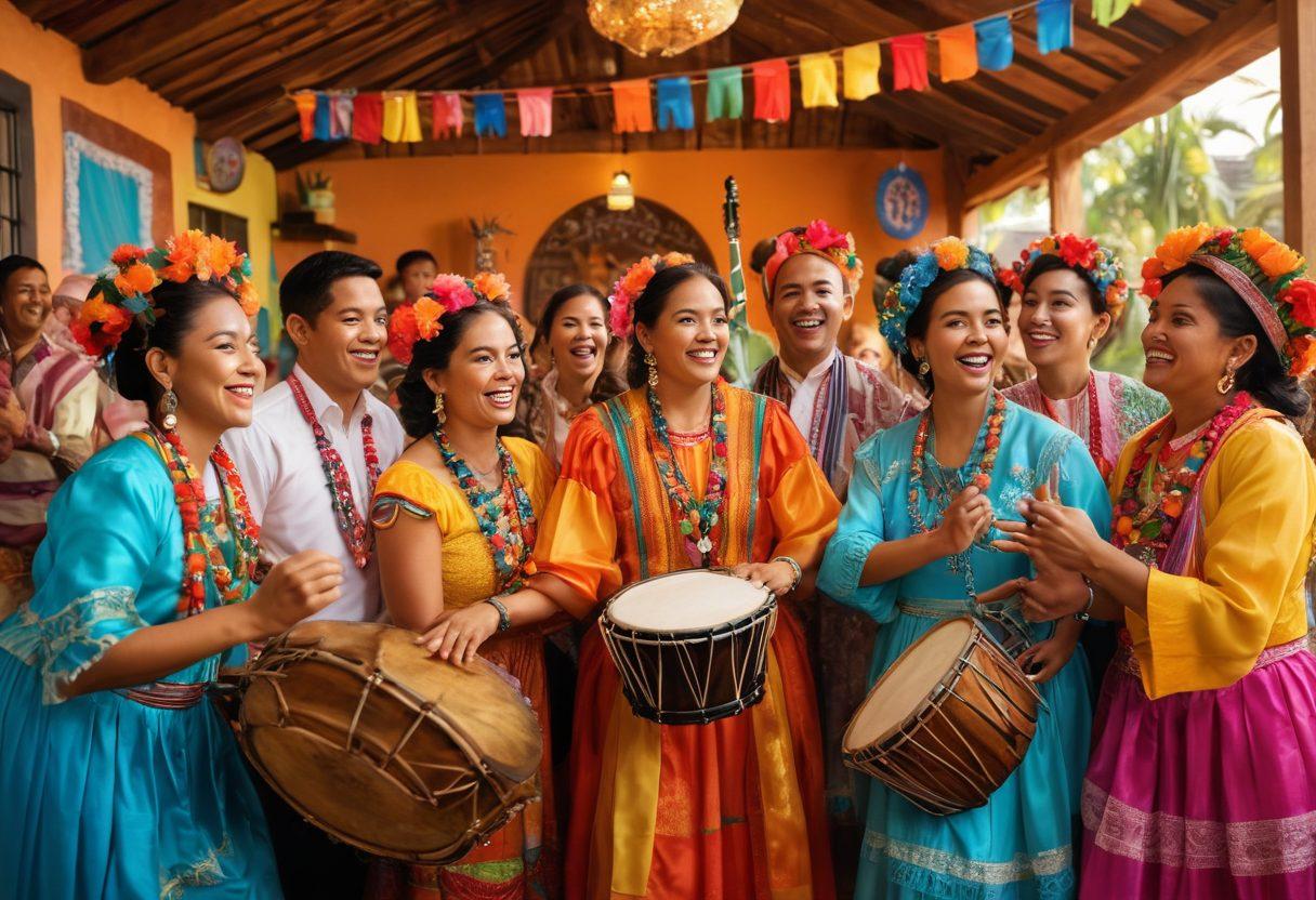 A vibrant scene showcasing a diverse group of Blatino individuals joyfully celebrating together, dressed in colorful, traditional attire. The background features lively cultural symbols and elements from both Latino and Black cultures, such as music instruments, dance, and festival decorations. Soft sunlight casts a warm glow, illustrating a sense of unity and joyful spirit. super-realistic. vibrant colors.