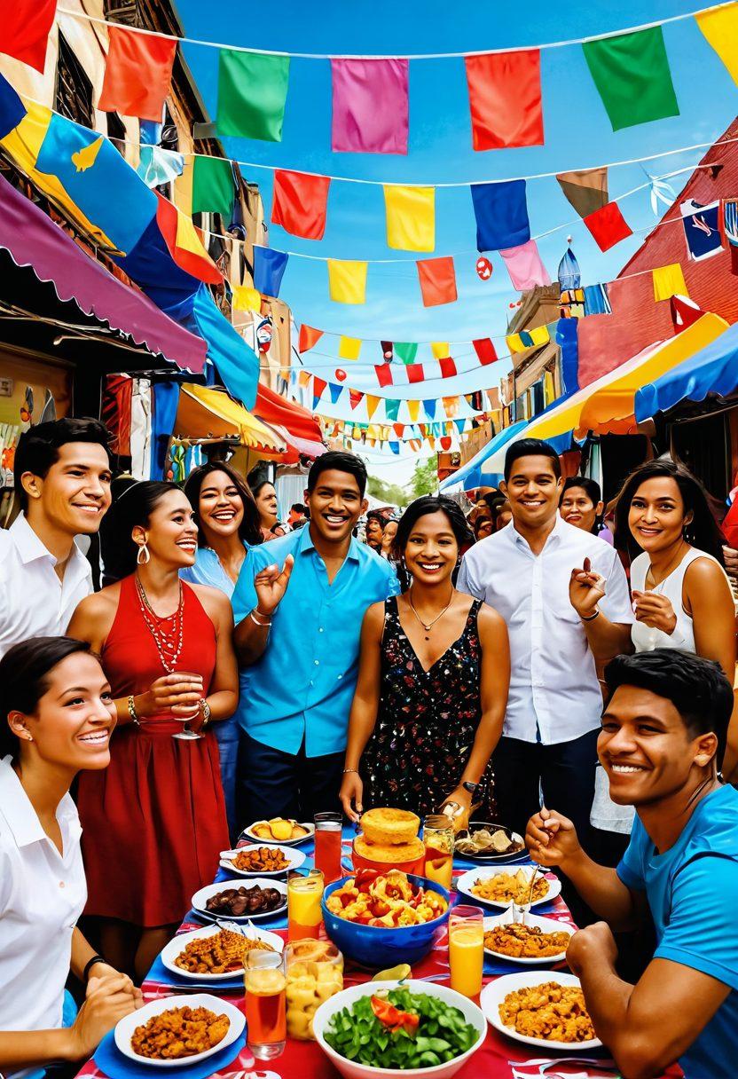 A vibrant street festival scene featuring a diverse group of Blatino individuals joyfully celebrating together, showcasing traditional and contemporary elements of their culture. Include colorful decorations, lively music performances, and a variety of delicious foods representing both Latino and Black cultures. The backdrop should highlight multicultural aspects, with flags and symbols from different nations. super-realistic. vibrant colors. dynamic composition.
