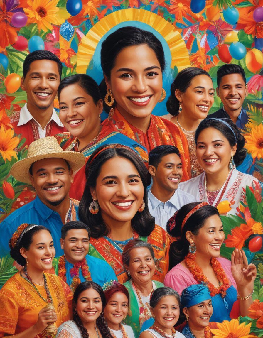 A vibrant collage depicting joyful people from various Blatino backgrounds embracing their cultural diversity, surrounded by colorful decorations symbolizing different traditions. Highlight smiling faces, traditional attire, and festive elements that embody a spirit of positivity and togetherness. The background features iconic cultural symbols such as maracas, papel picado, and flags. The scene is warm and inviting, capturing the essence of community and celebration. vibrant colors. super-realistic.